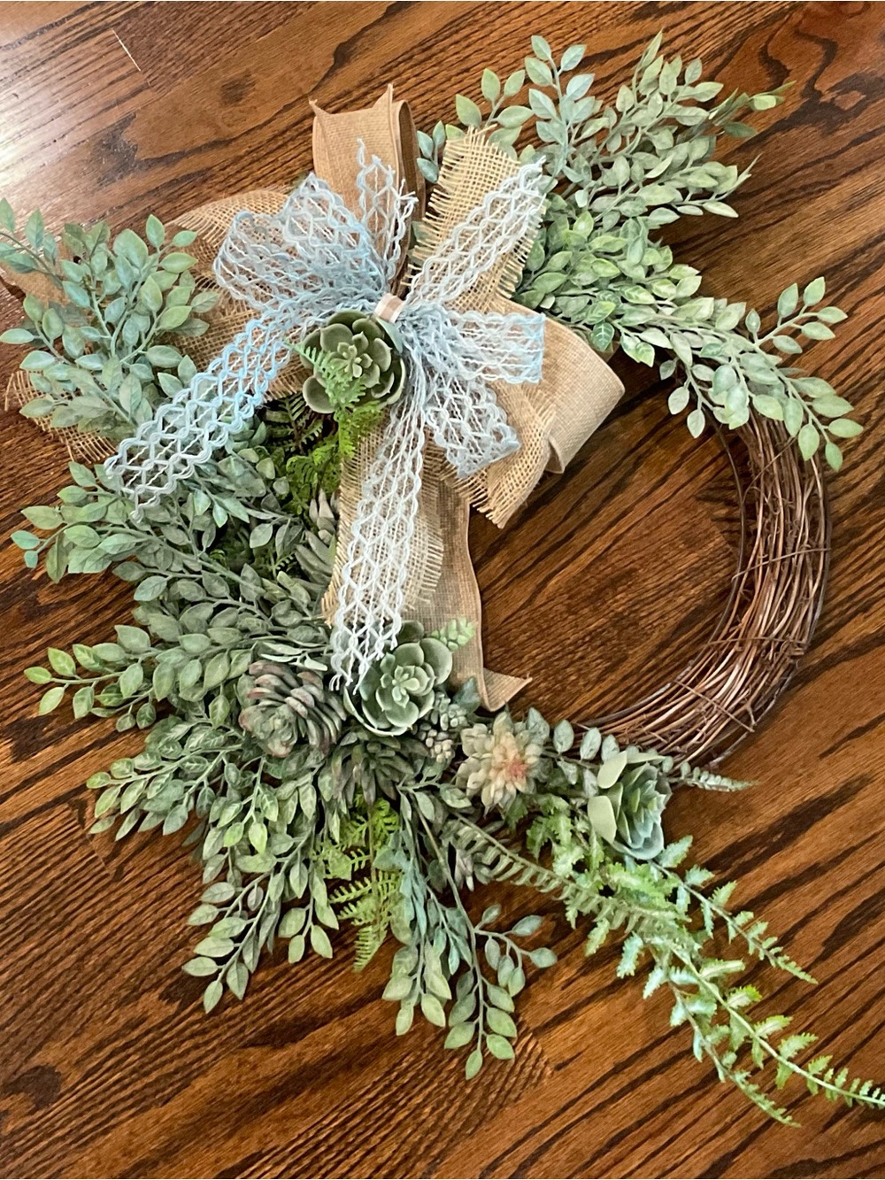 Green Succulent & Burlap Grapevine Wreath with Lace Bow